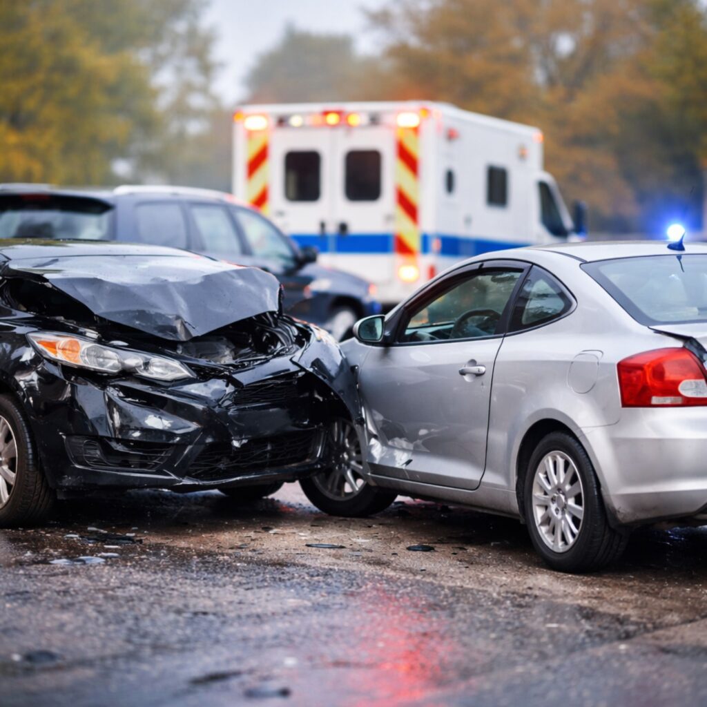 Two vehicles involved in a car accident in Ottawa with visible front-end damage and emergency response on scene